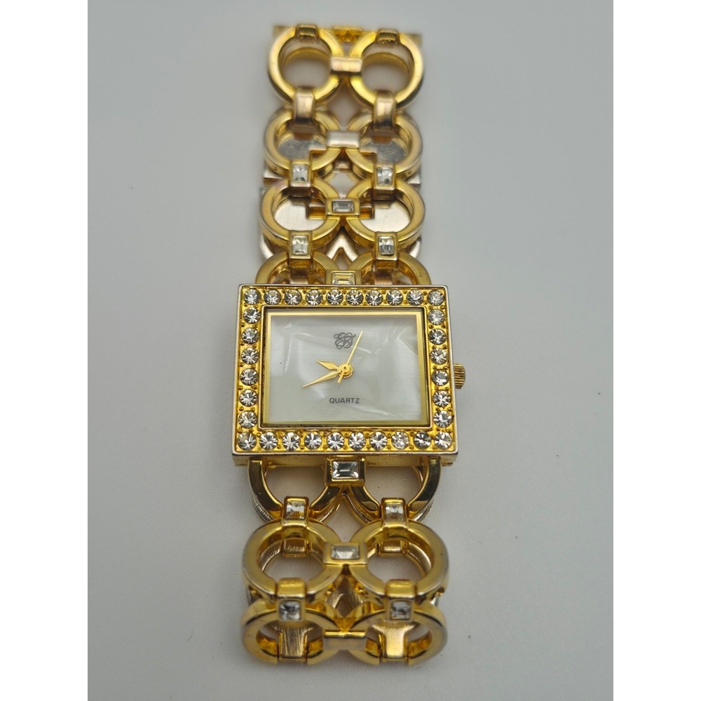 Womens Gold Tone Crystal Watch Square Face White Dial Link Bracelet